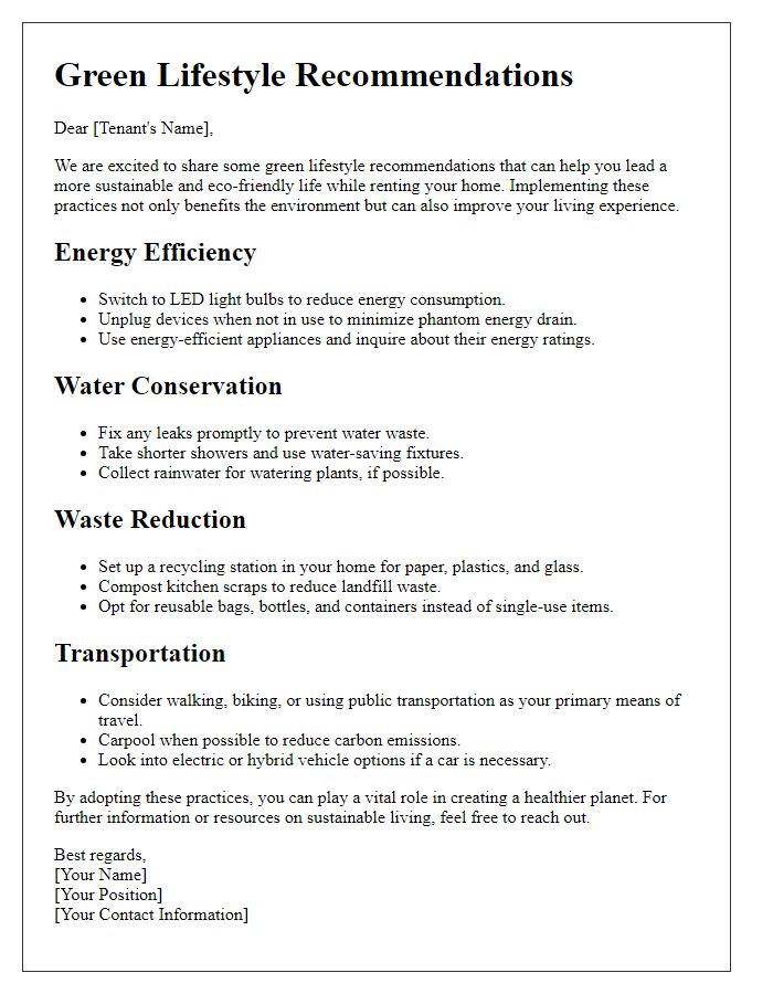 Letter template of green lifestyle recommendations for residential renters