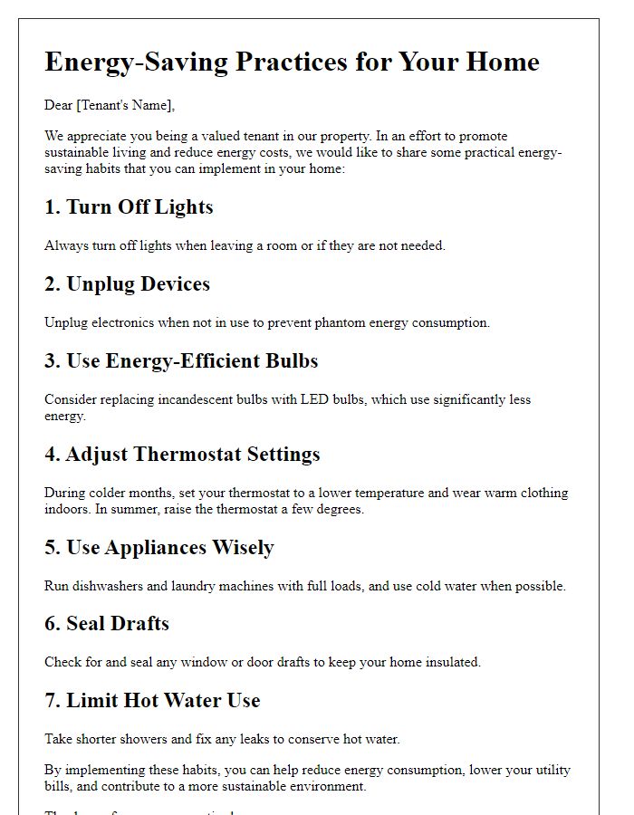 Letter template of practical energy-saving habits for home tenants