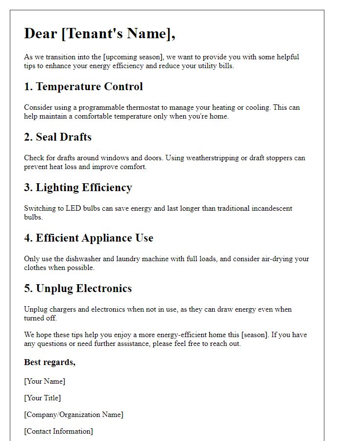 Letter template of seasonal energy efficiency advice for renters