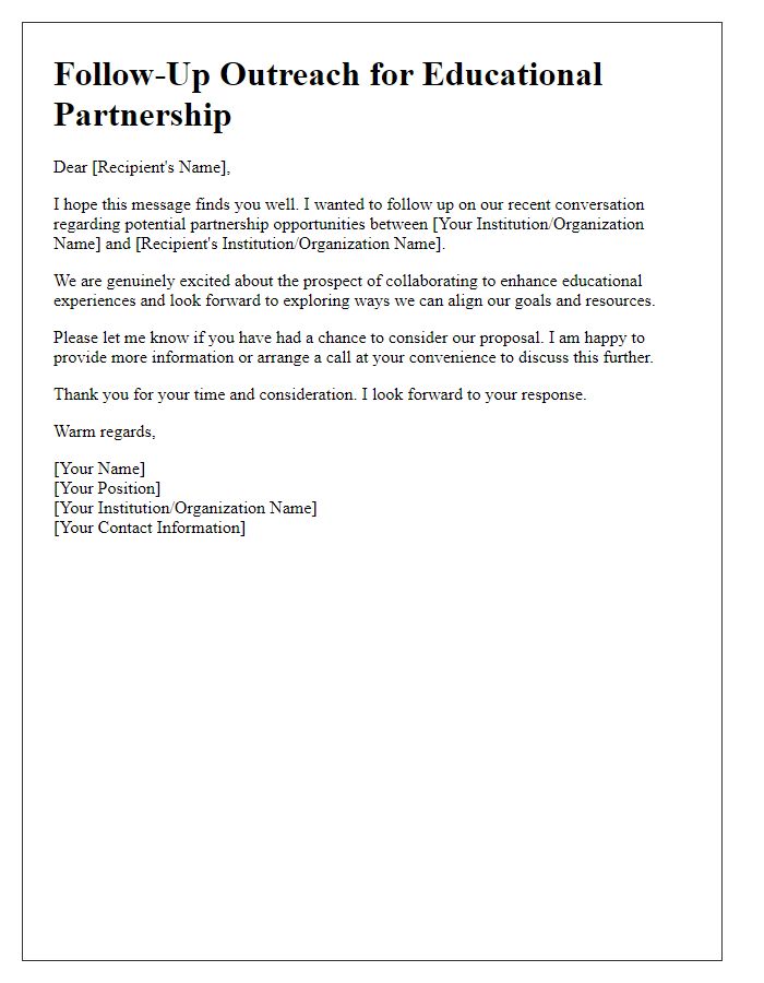 Letter template of follow-up outreach for educational partnership opportunities