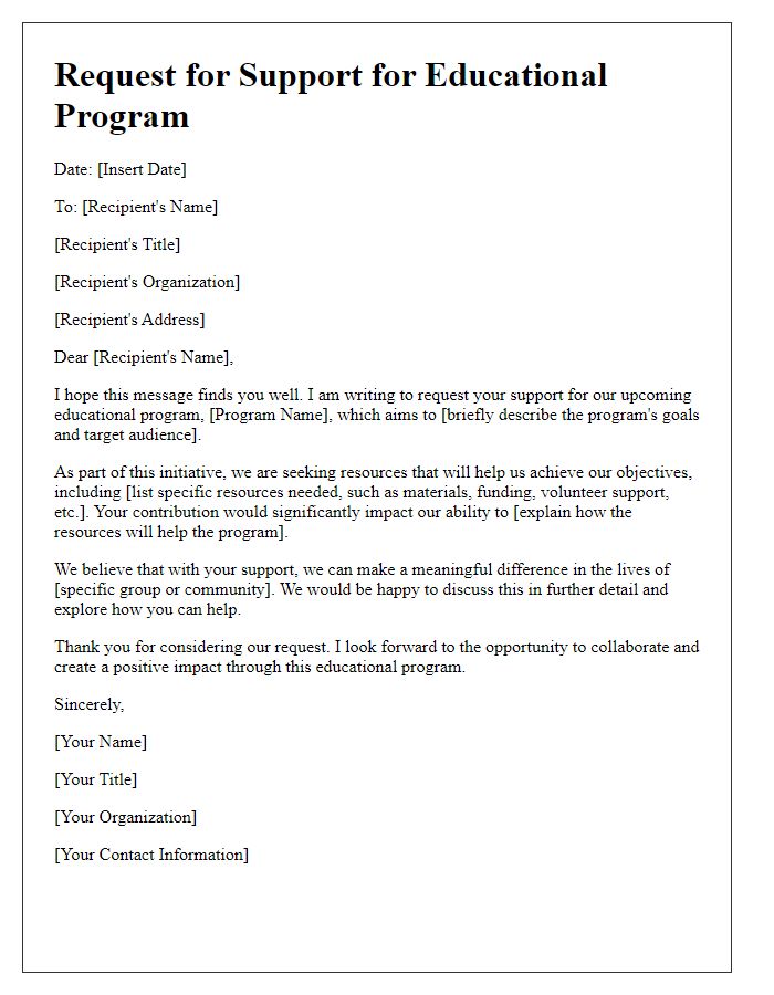 Letter template of resources request for educational program support