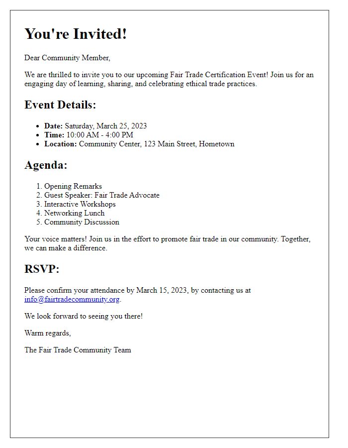 Letter template of fair trade certification event invitation for community engagement