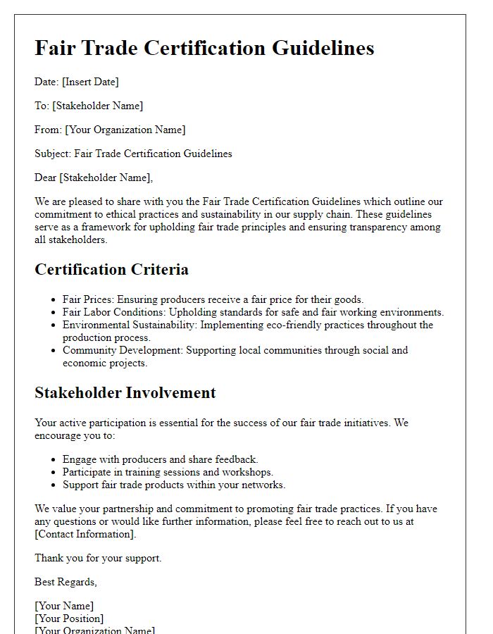 Letter template of fair trade certification guidelines for stakeholders