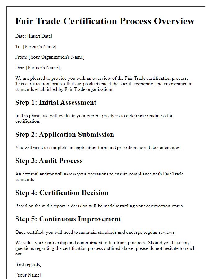 Letter template of fair trade certification process overview for partners