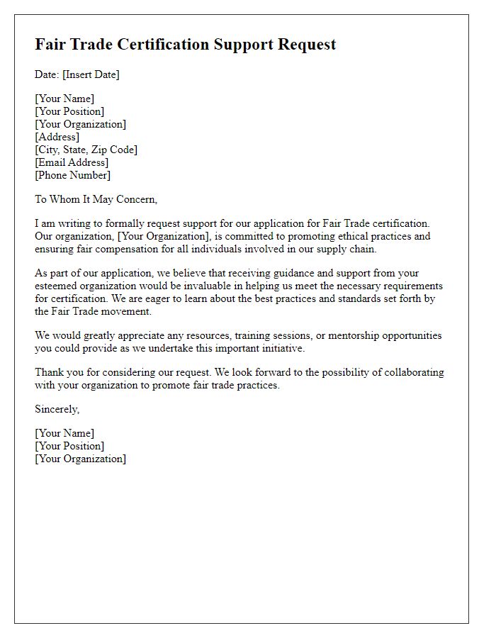 Letter template of fair trade certification support request for applicants