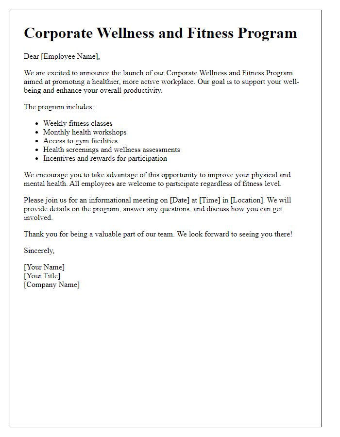 Letter template of corporate wellness and fitness program