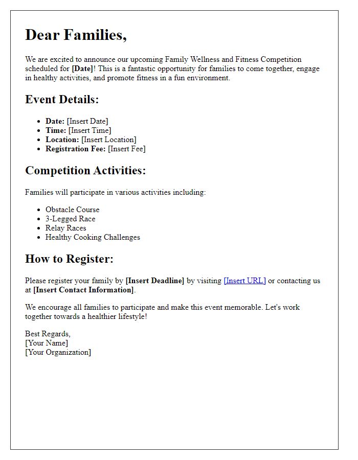 Letter template of family wellness and fitness competition