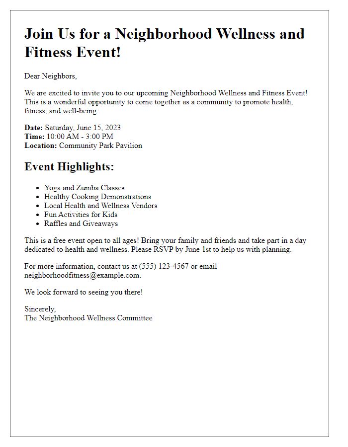 Letter template of neighborhood wellness and fitness event