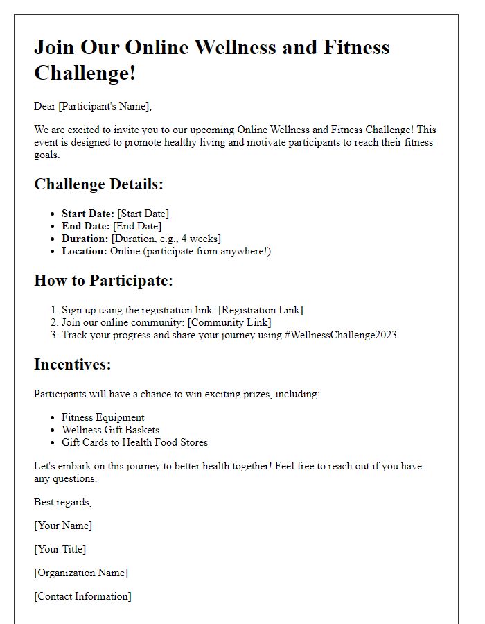 Letter template of online wellness and fitness challenge