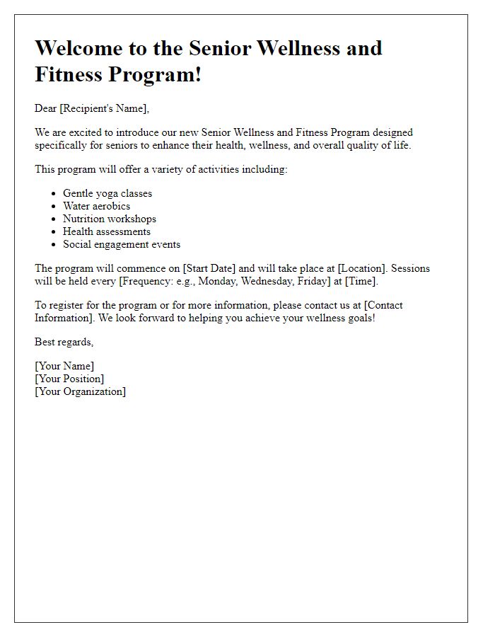 Letter template of senior wellness and fitness program