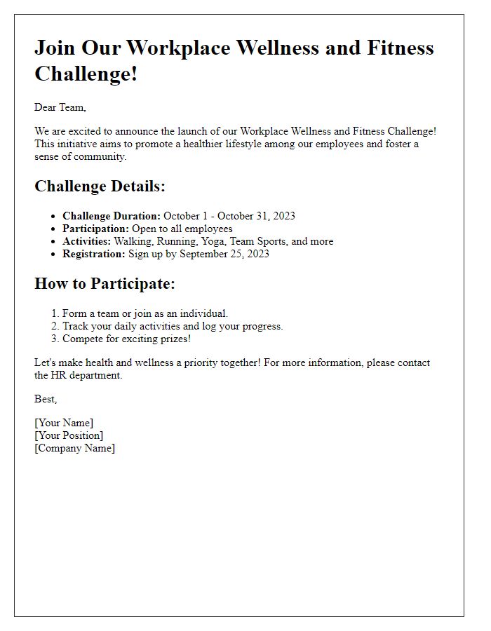 Letter template of workplace wellness and fitness challenge