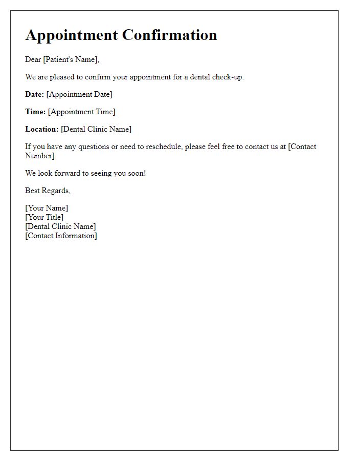 Letter template of patient appointment confirmation for dental check-up