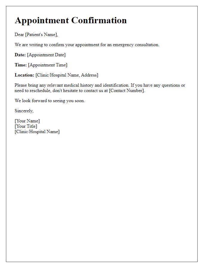 Letter template of patient appointment confirmation for emergency consultation