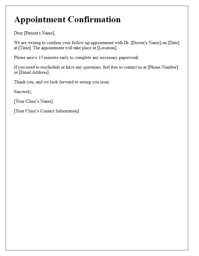 Letter template of patient appointment confirmation for follow-up visit