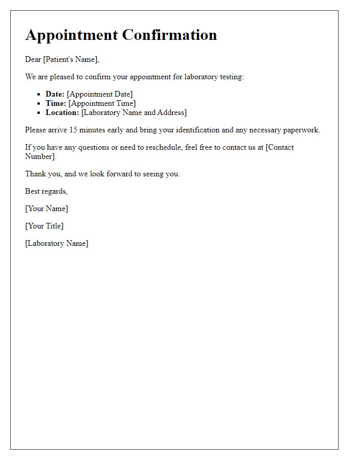 Letter template of patient appointment confirmation for laboratory testing