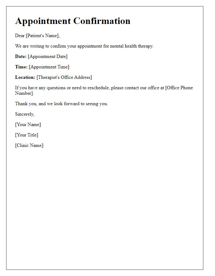 Letter template of patient appointment confirmation for mental health therapy