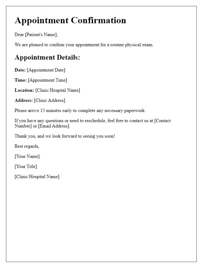 Letter template of patient appointment confirmation for routine physical exam