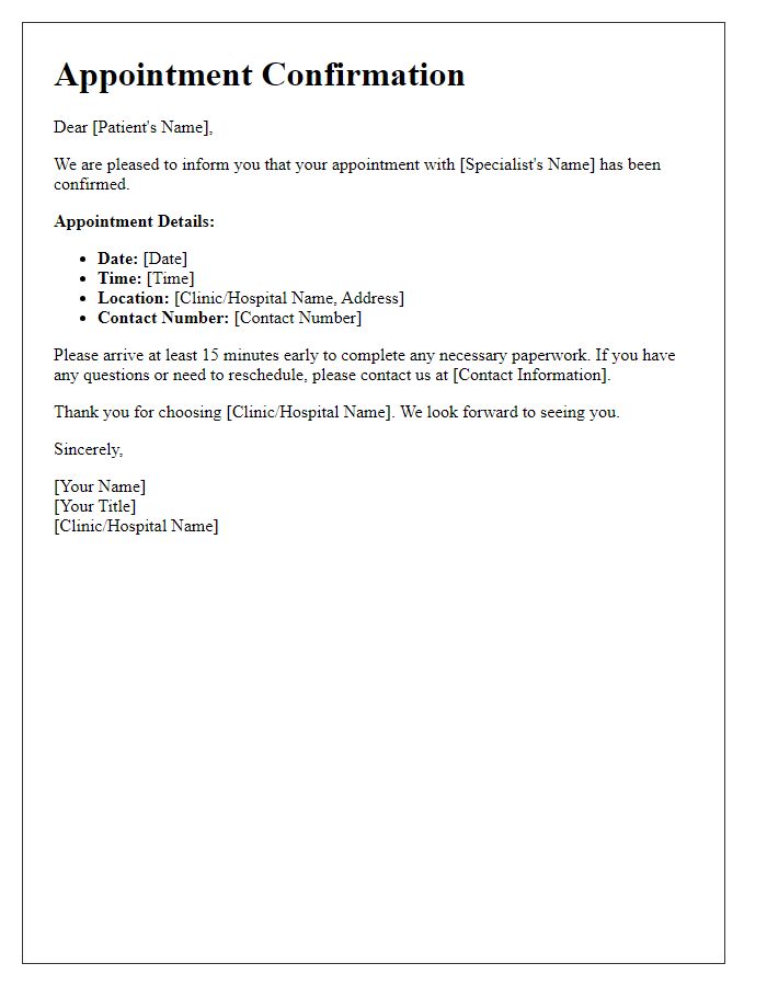 Letter template of patient appointment confirmation for specialist consultation