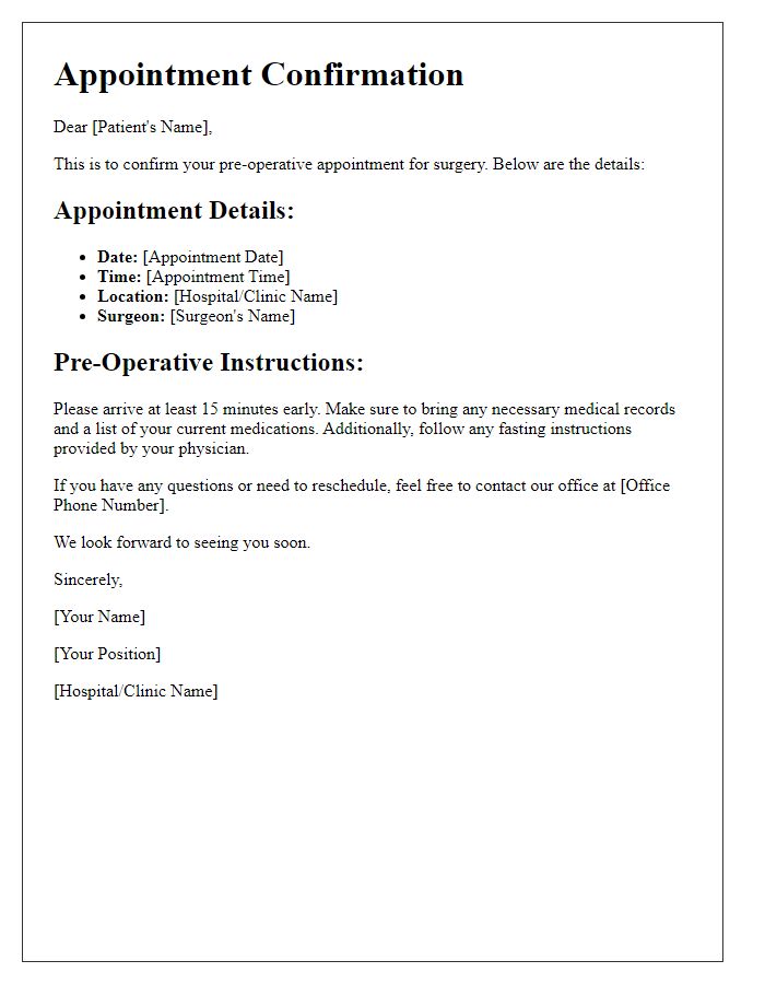 Letter template of patient appointment confirmation for surgery pre-op