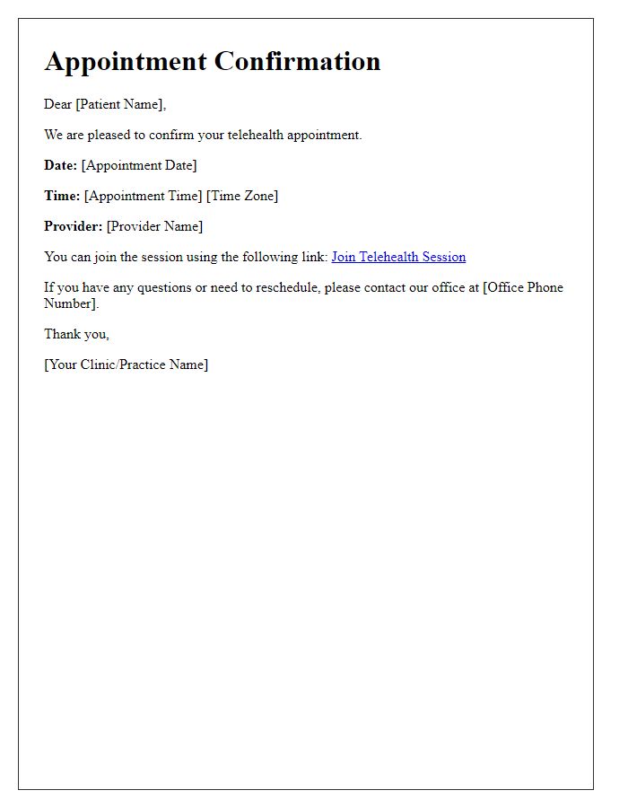 Letter template of patient appointment confirmation for telehealth session