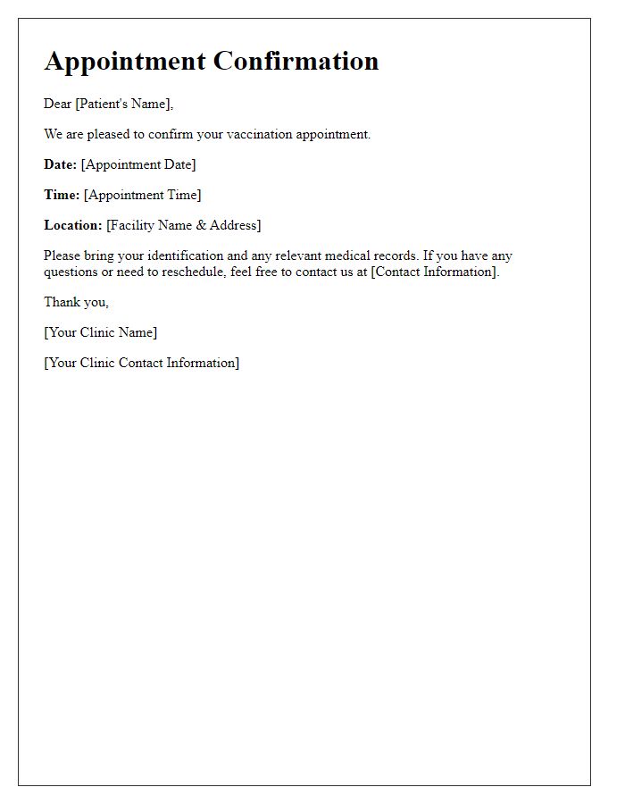 Letter template of patient appointment confirmation for vaccination