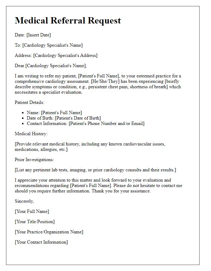 Letter template of medical referral request for cardiology assessment