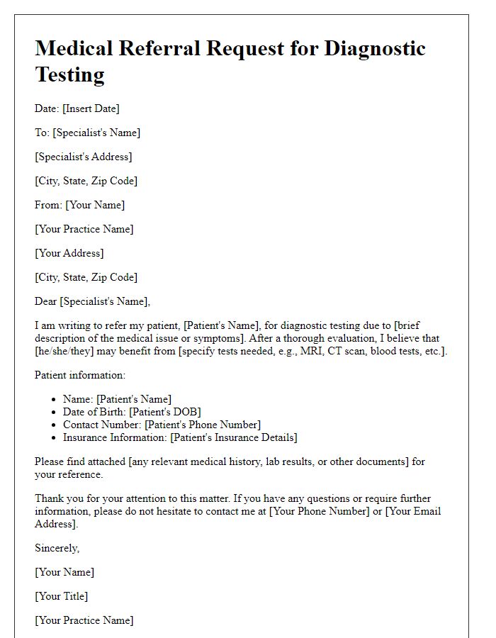 Letter template of medical referral request for diagnostic testing