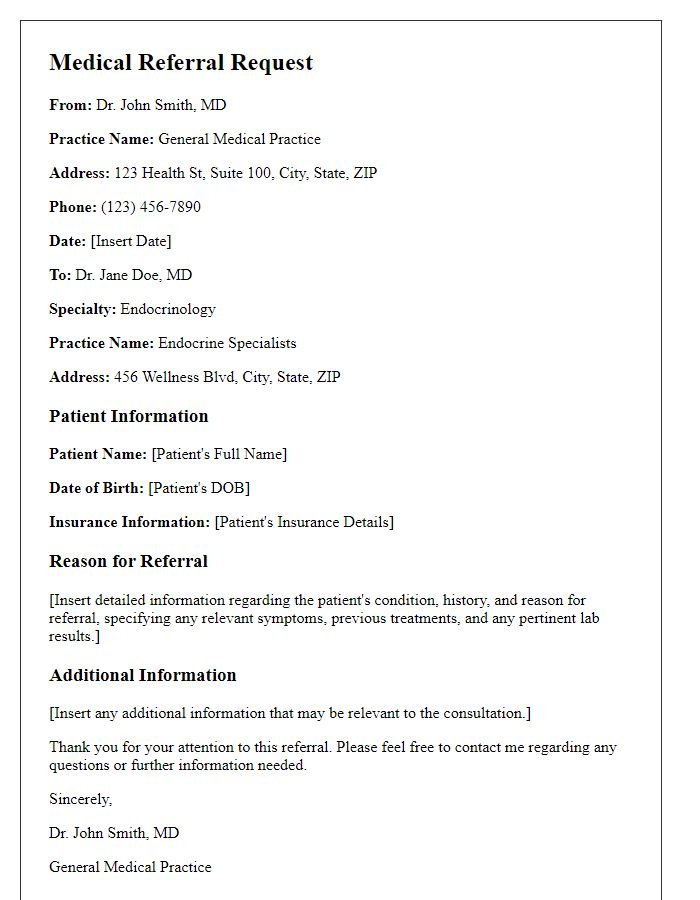 Letter template of medical referral request for endocrinology consultation