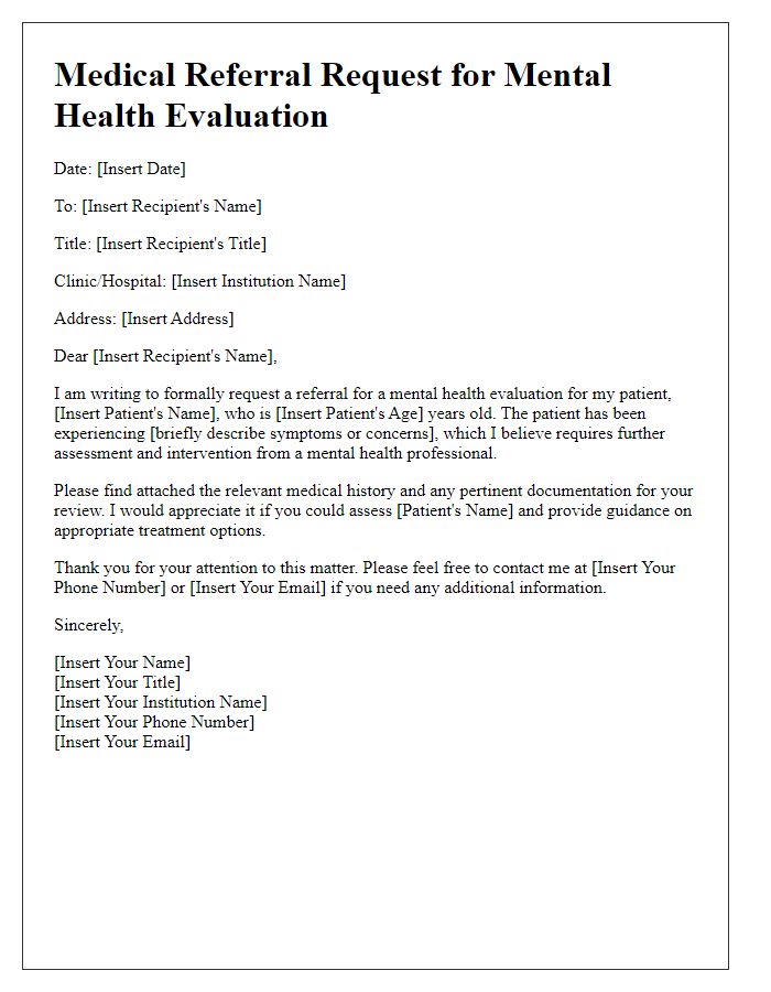 Letter template of medical referral request for mental health evaluation