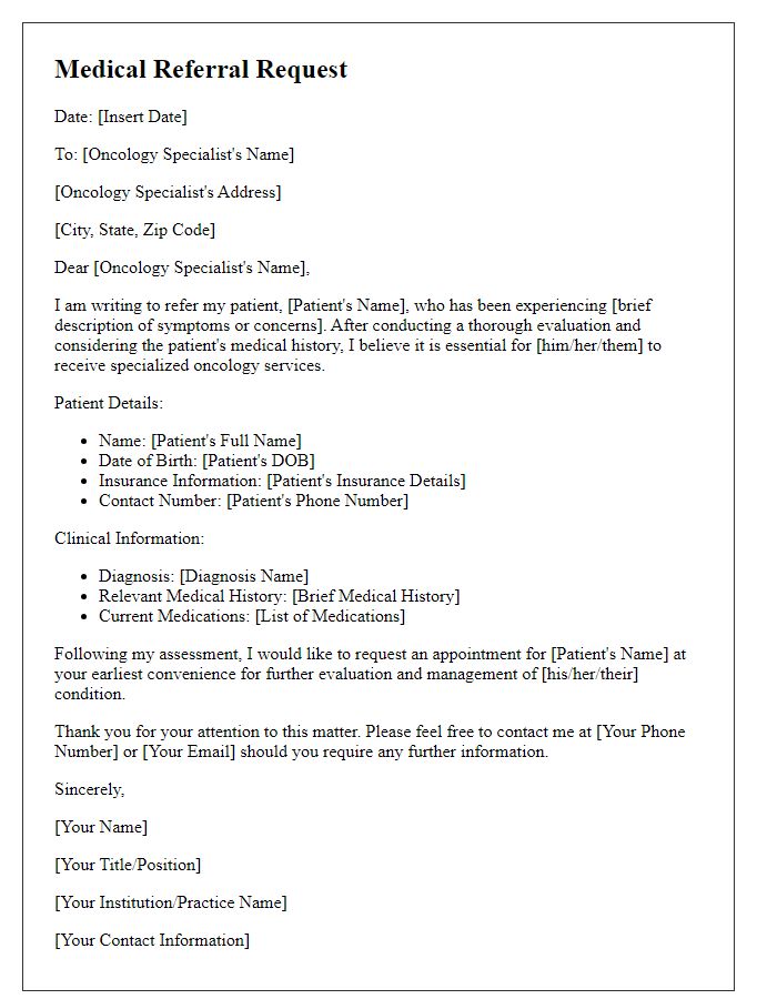 Letter template of medical referral request for oncology services