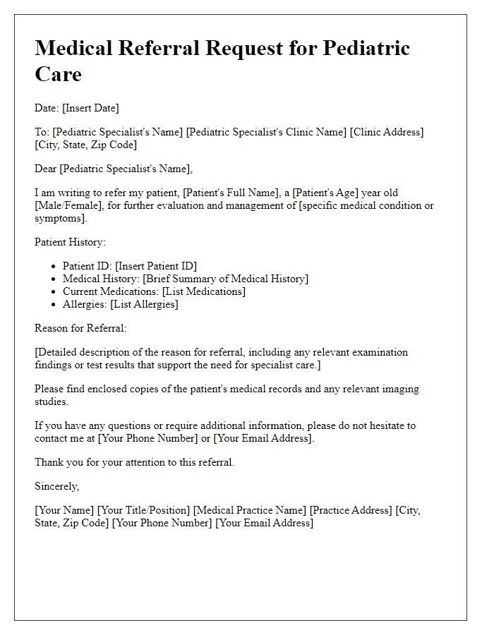 Letter template of medical referral request for pediatric care