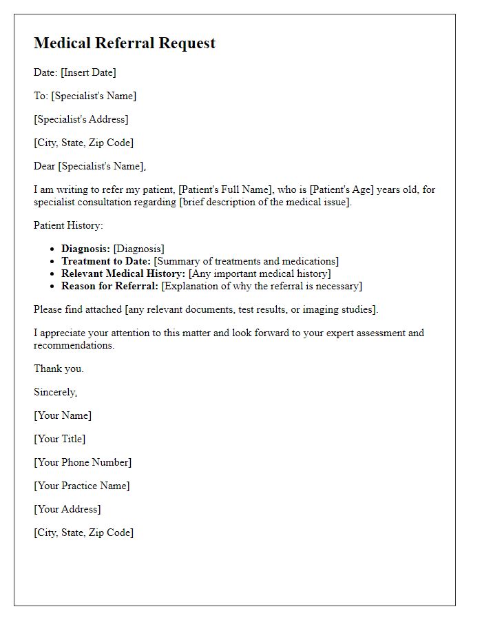 Letter template of medical referral request for specialist consultation