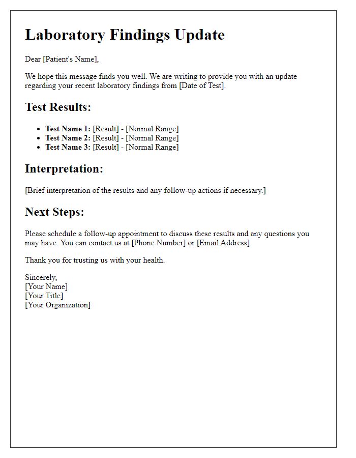 Letter template of laboratory findings update for patients