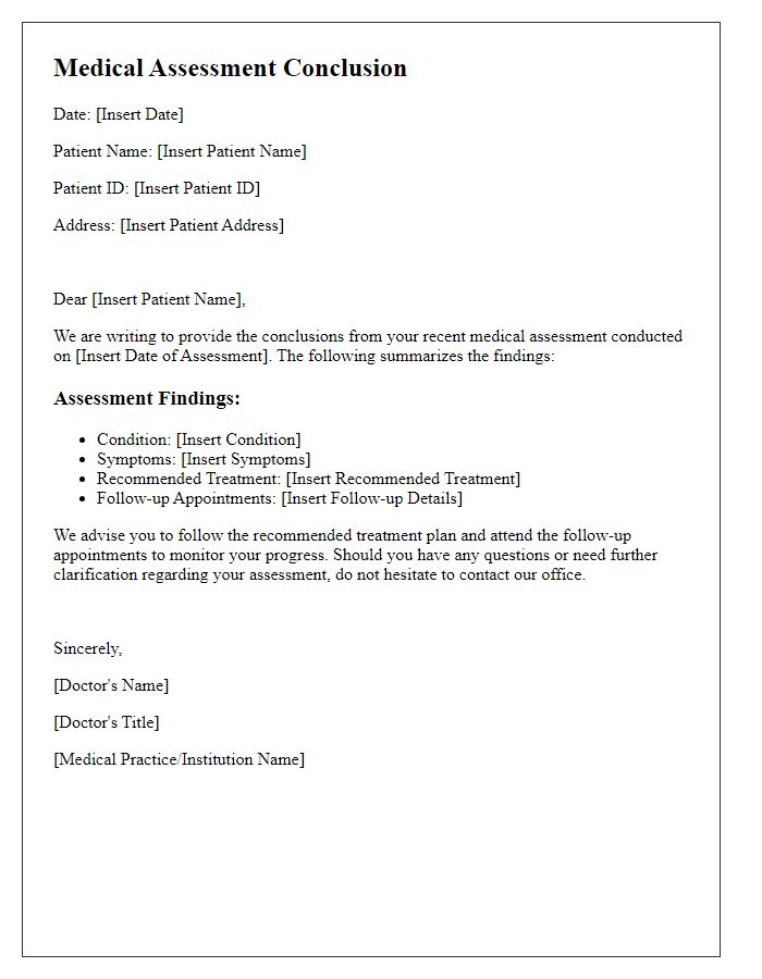 Letter template of medical assessment conclusions for patients