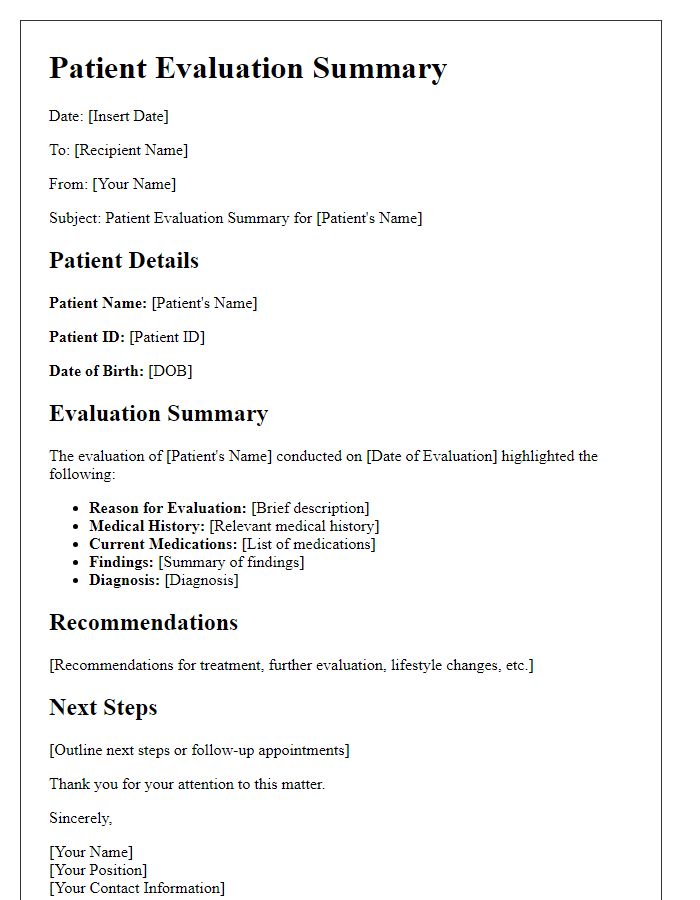 Letter template of patient evaluation summary communication