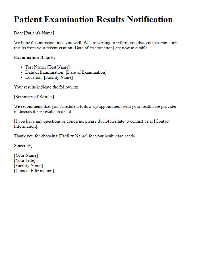 Letter template of patient examination results notification