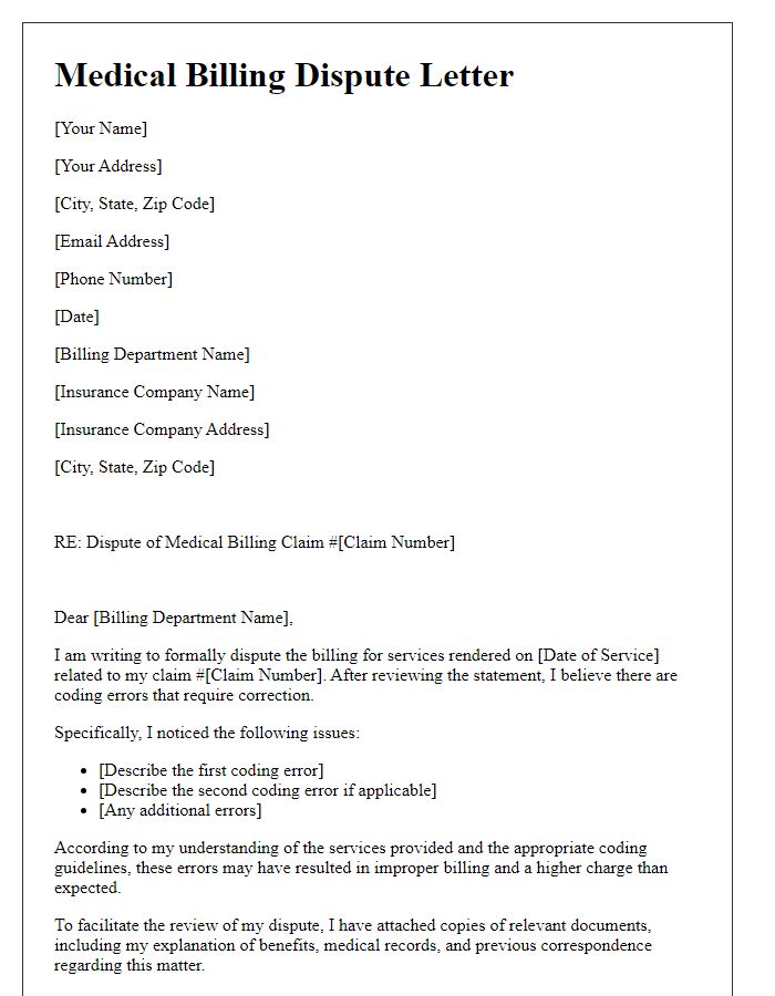 Letter template of medical billing dispute for coding errors