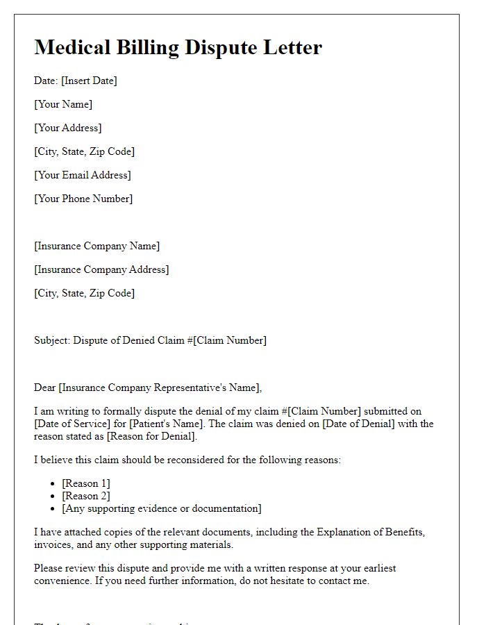 Letter template of medical billing dispute for denied claims