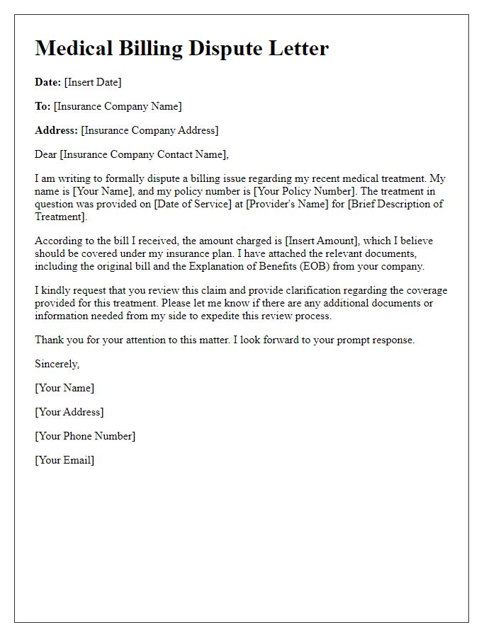 Letter template of medical billing dispute for insurance coverage clarification