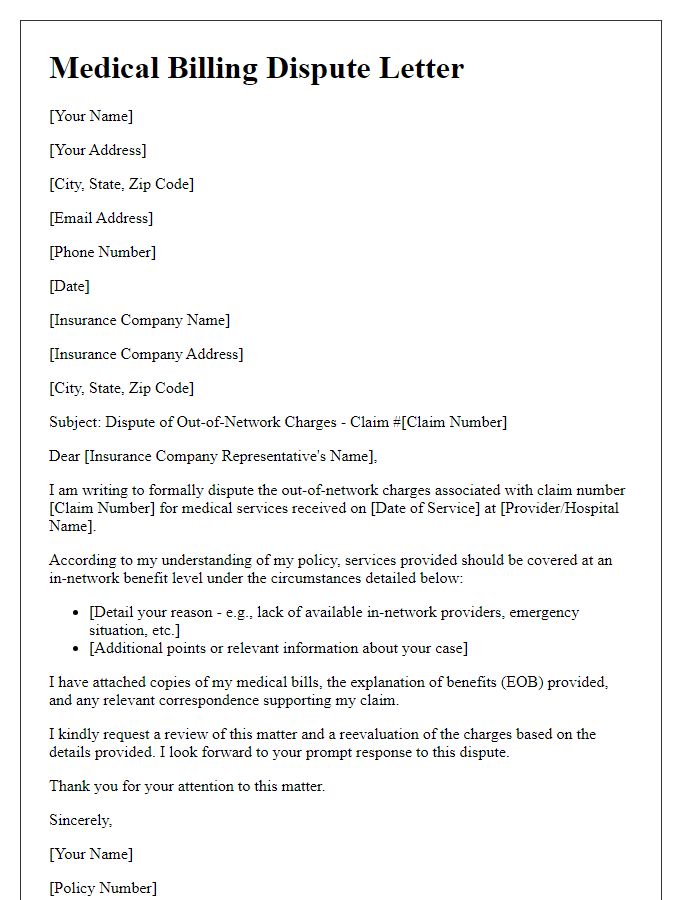 Letter template of medical billing dispute for out-of-network charges