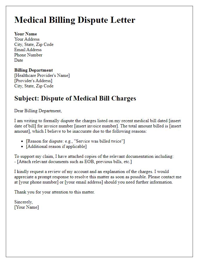 Letter template of medical billing dispute for overcharges