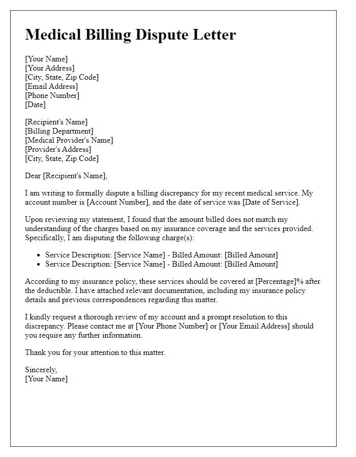 Letter template of medical billing dispute for payment discrepancies