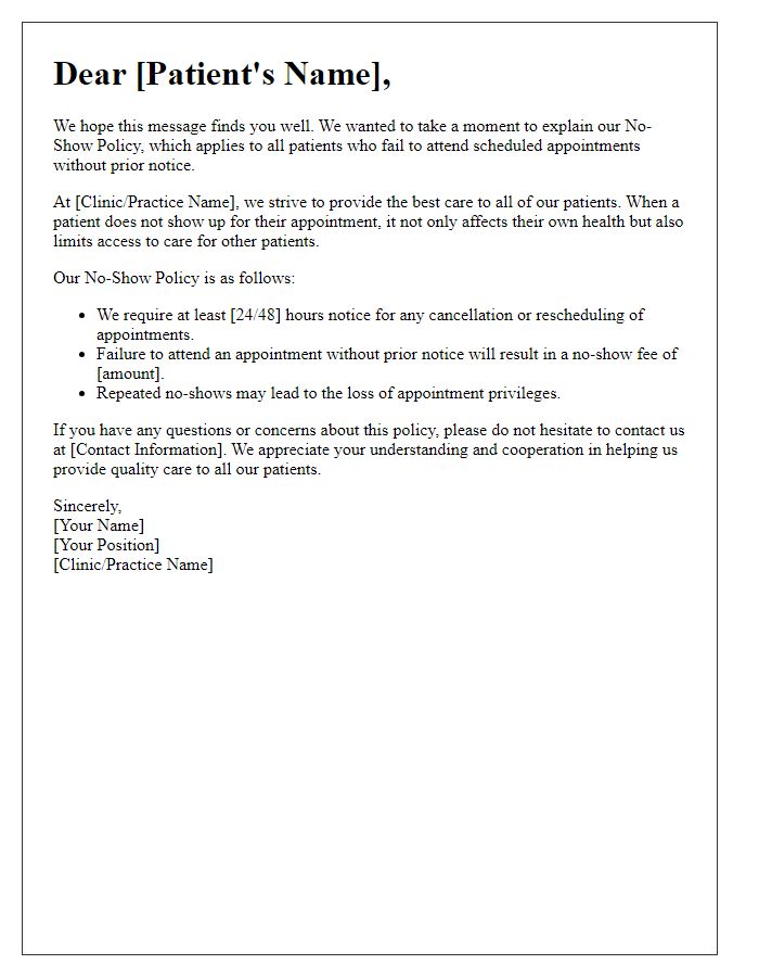 Letter template of patient no-show policy explanation