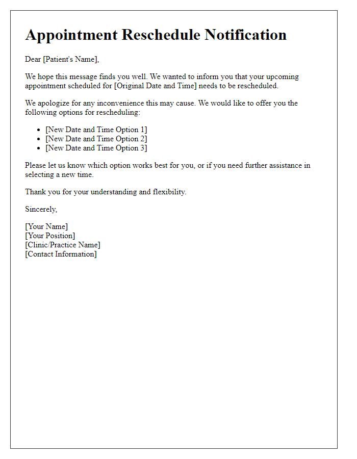 Letter template of patient session reschedule offer