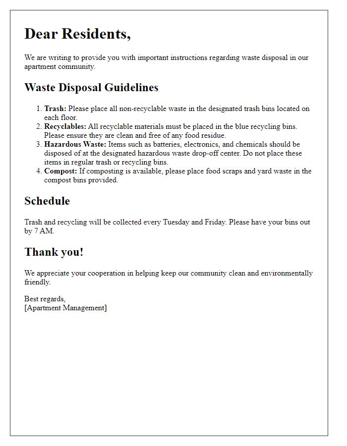 Letter template of apartment waste disposal instructions for residents.