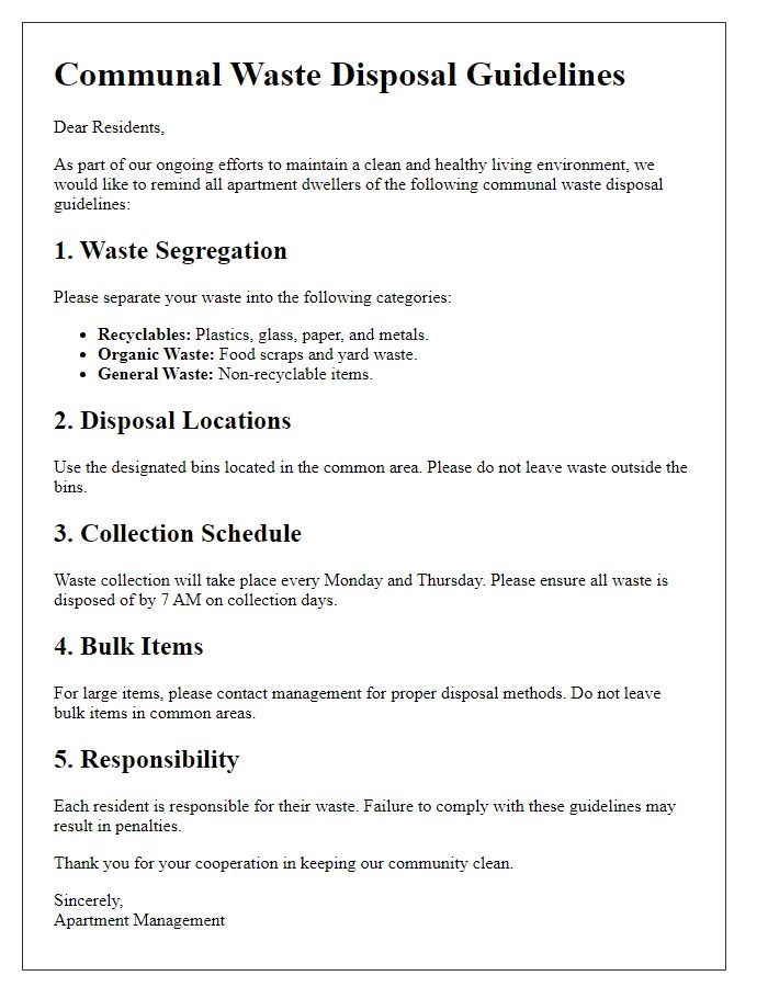 Letter template of communal waste disposal guidelines for apartment dwellers.