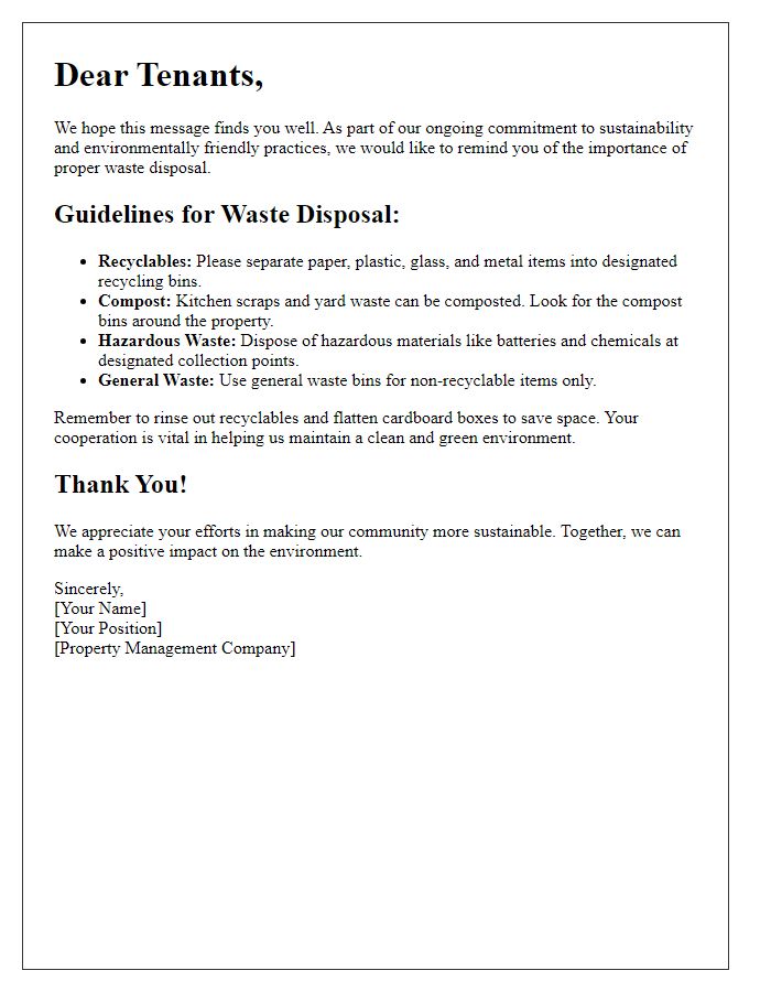 Letter template of environmentally friendly waste disposal practices for tenants.