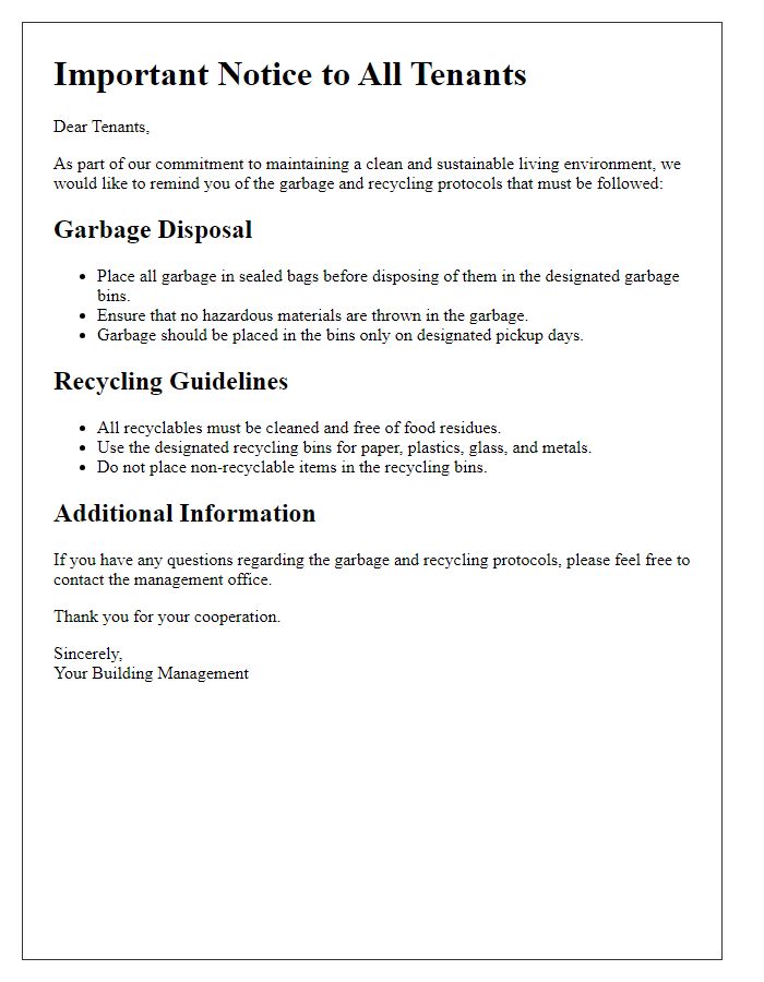 Letter template of garbage and recycling protocols for tenants.