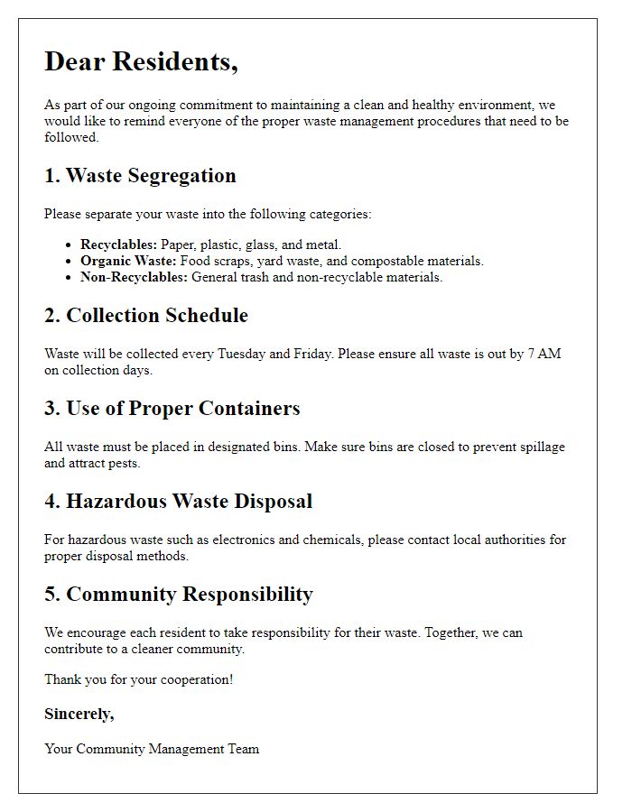 Letter template of proper waste management procedures for residents.