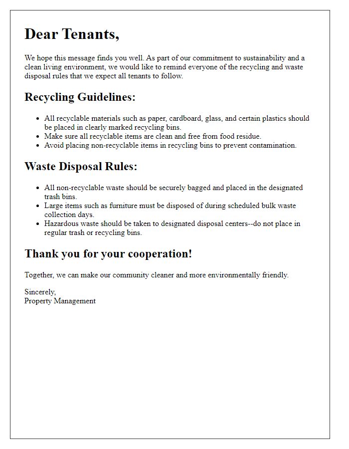 Letter template of tenant recycling and waste disposal rules.